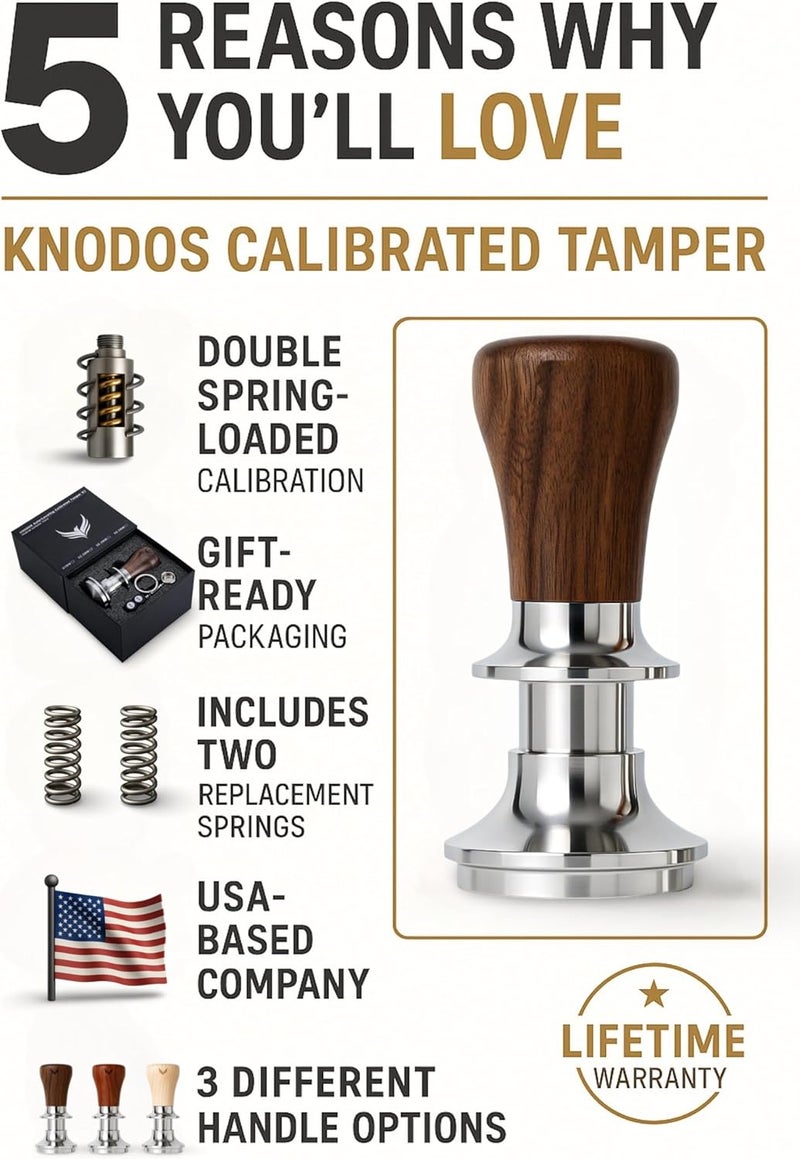 KNODOS 58.5mm Tamper with Walnut Handle Self-Leveling & Double Spring Loaded Calibrated Design Fits 58mm Portafilter Basket for Precise Consistent Shots - Image 3